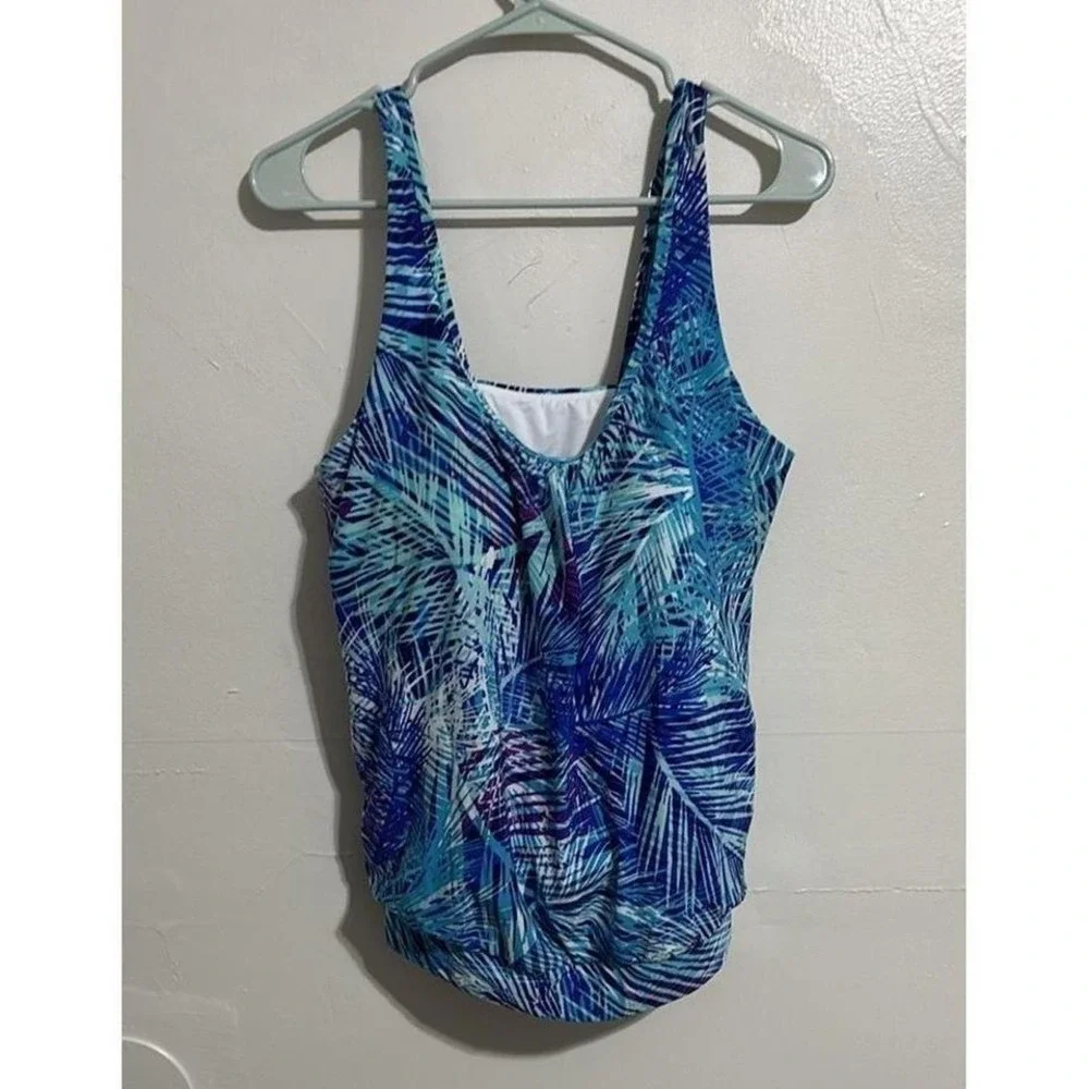 L.L.Bean Women Blue Tropical Palm Print Blouson Tankini Top UPF 50 Size 12 Reg